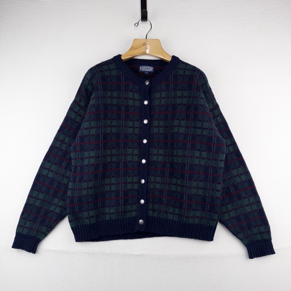 90's Lands End Tartan Plaid Shetland Wool Cardigan Women's Large Scotland